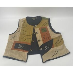 ALLURE Artistic Patchwork vest Embroidered Accents Novelty Bird Buttons  Size 2X